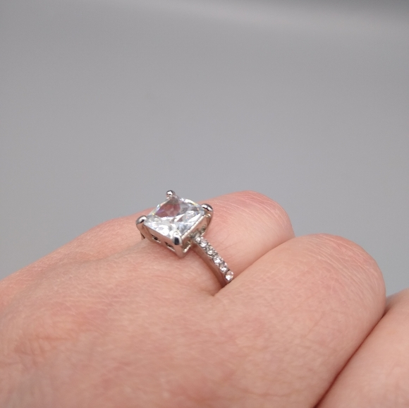 Silver Princess Cut Pavé Bridal Engagement Set - Picture 12 of 15